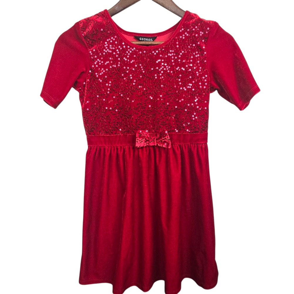 George Girls Red Velvet Dress Sequin Top Bow Holiday Party Christmas Size‎ 10-12